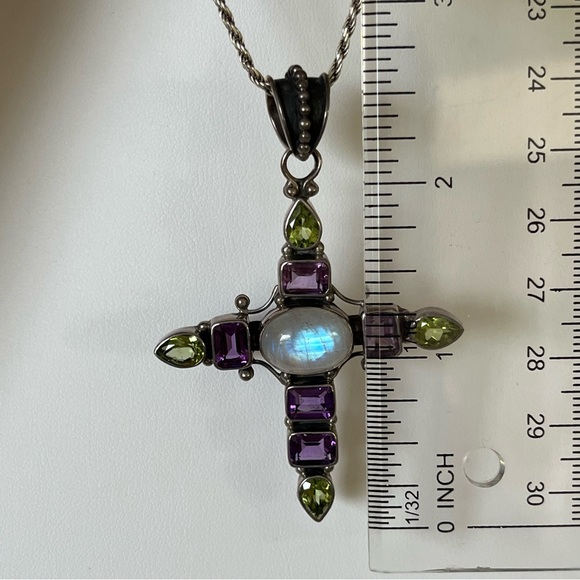 $85 13.59 ctw MOONSTONE AMETHYST PERIDOT Cross Pendant STERLING SILVER 925 - Picture 3 of 11
